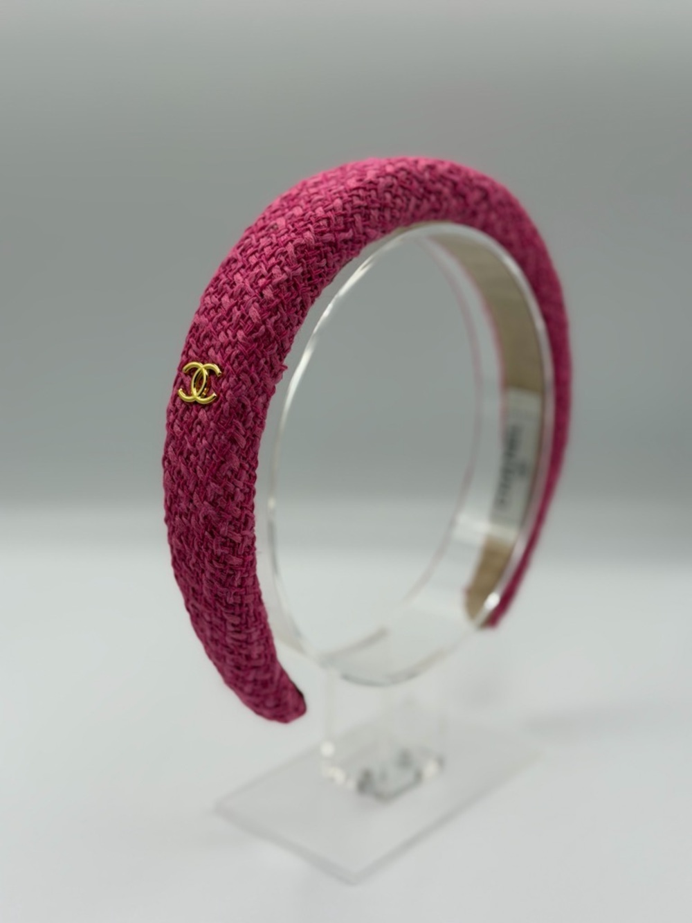 CHANEL Magenta Tweed Headband with Gold CC Accent